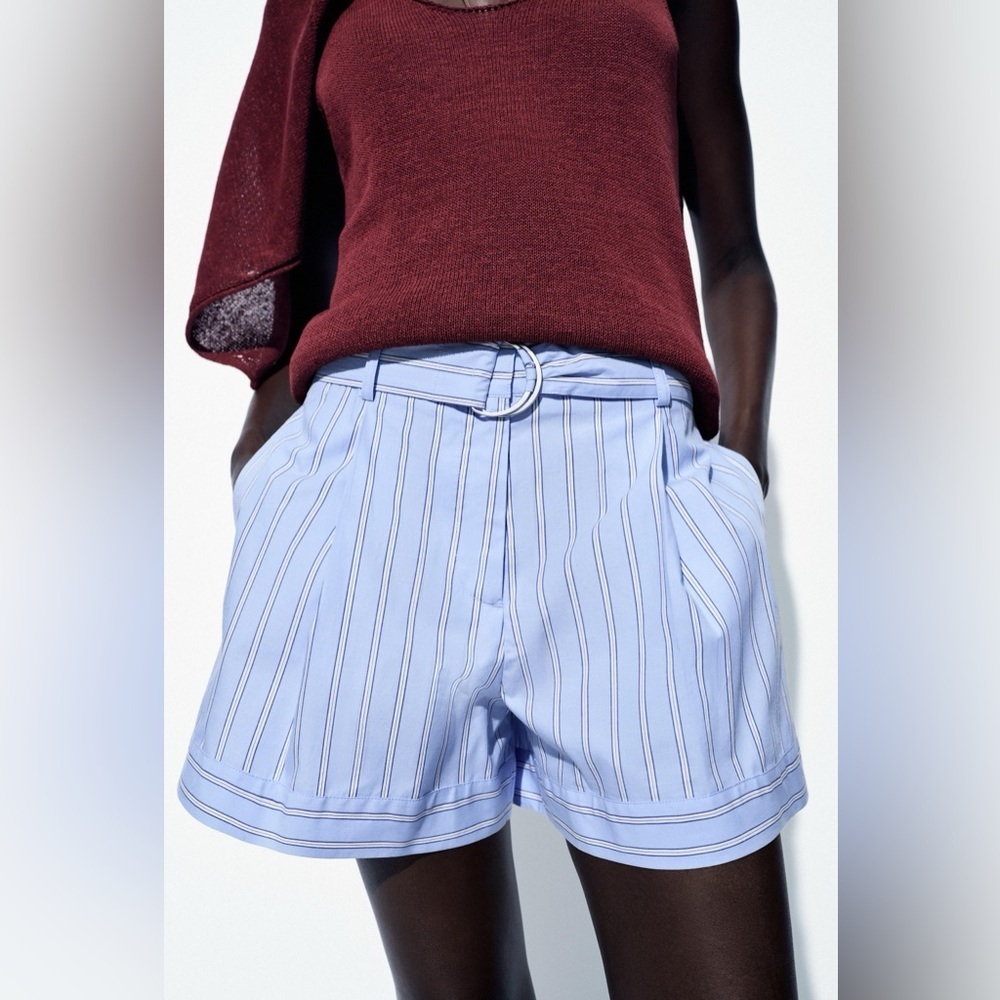 Zara Striped Belted High Waist Shorts Large